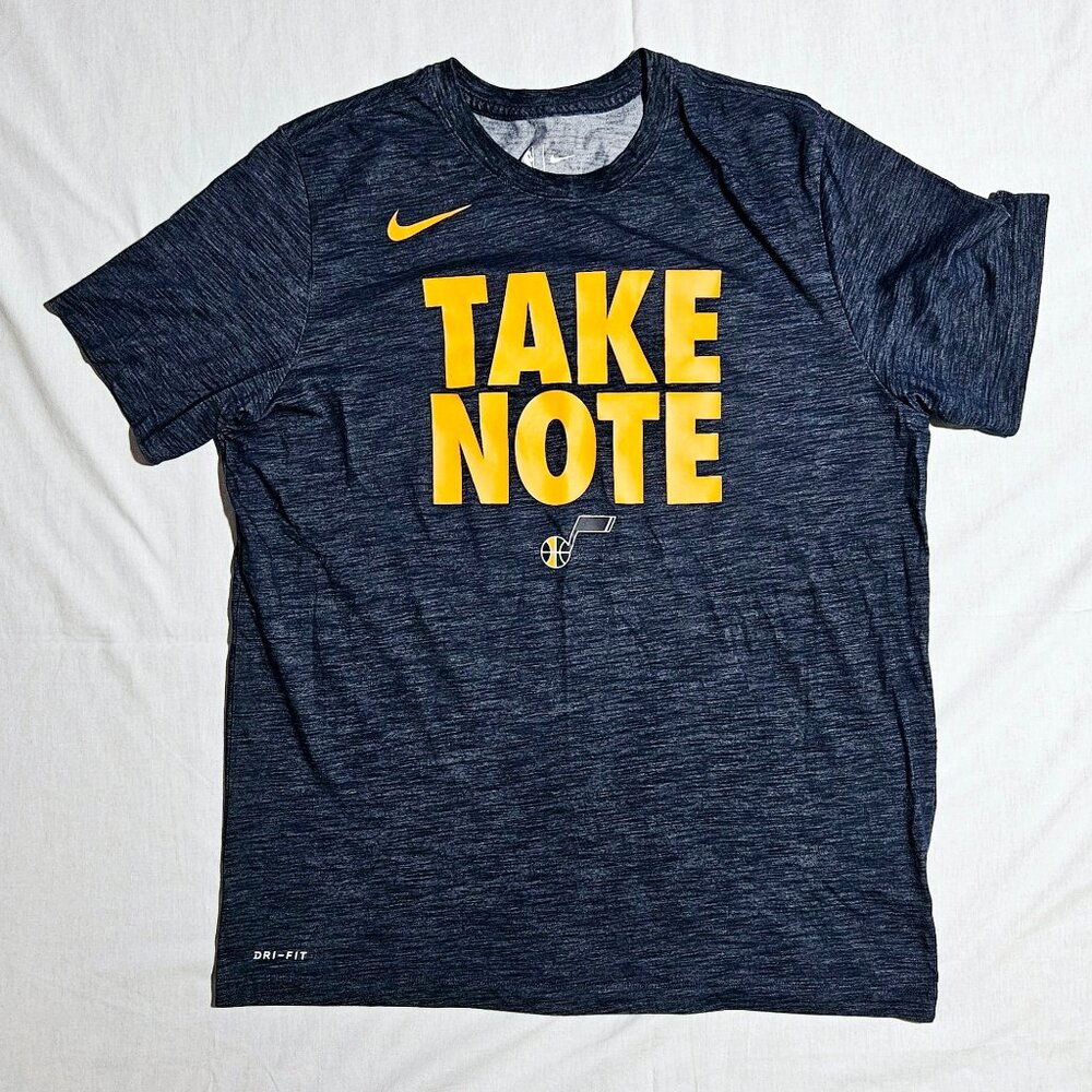 NIKE NBA UTAH JAZZ BASKETBALL DRI FIT NAVY TAKE NOTE SHIRT LARGE EUC